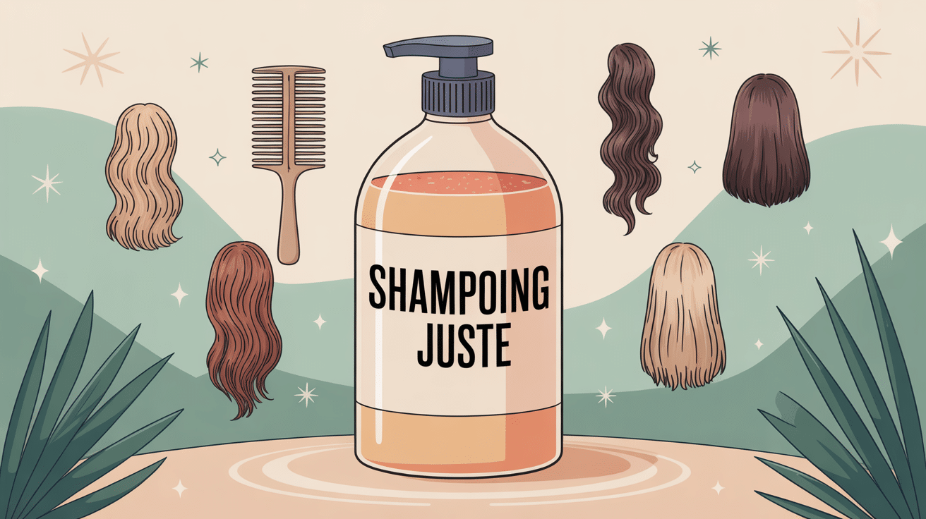 avis shampoing Juste illustration bouteille et types de cheveux