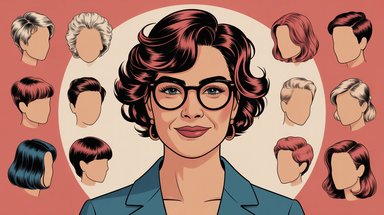 illustration coupe de cheveux femme 50 ans avec lunettes