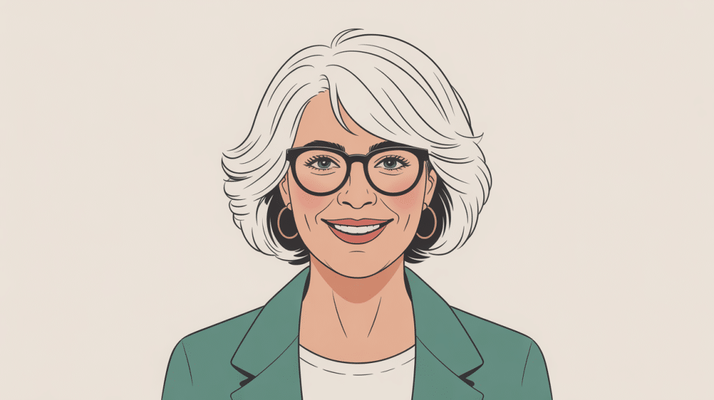 Portrait coupe de cheveux femme 70 ans avec lunettes moderne