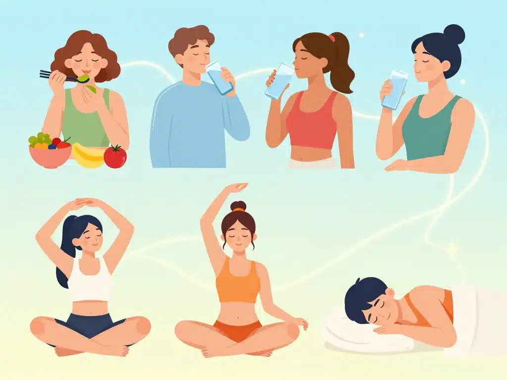 Illustration actions quotidien elasticite de la peau alimentation hydratation