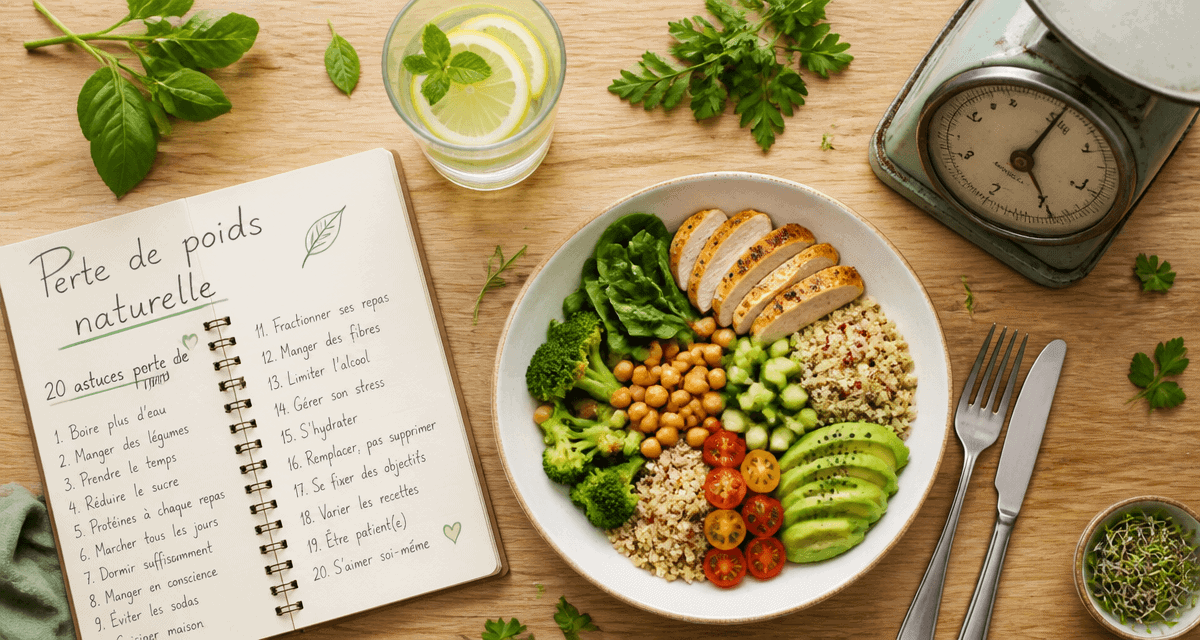 20 astuces pour maigrir sans regime, buddha bowl, balance, carnet