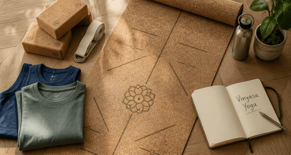 Tapis et accessoires vinyasa sur parquet clair
