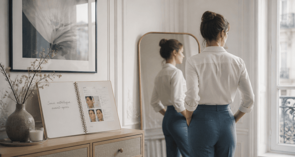 avant après resultat lipofilling mammaire femme miroir
