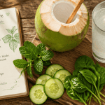 Bienfait de l eau de coco en verre et noix fraîche