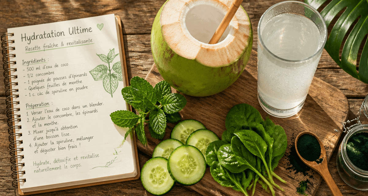 Bienfait de l eau de coco en verre et noix fraîche
