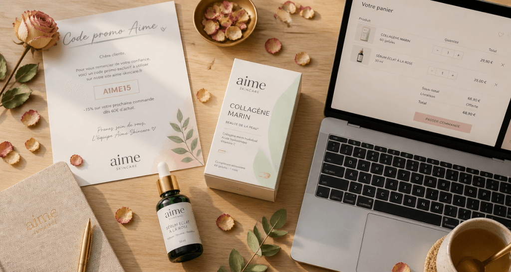 code promo aime flat lay boîte compléments et sérum