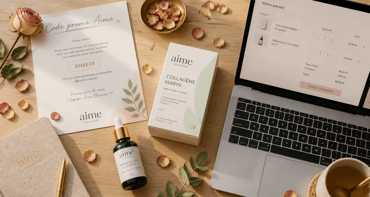 code promo aime flat lay boîte compléments et sérum