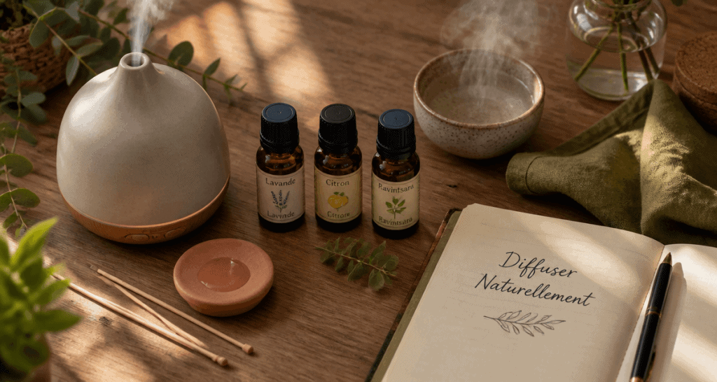 comment diffuser huile essentielle objets naturels sur table