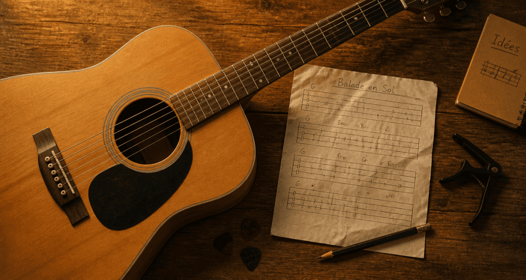 comment lire une tablature guitare sur bureau avec guitare et feuille