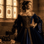 Costume femme renaissance velours bleu devant fenêtre