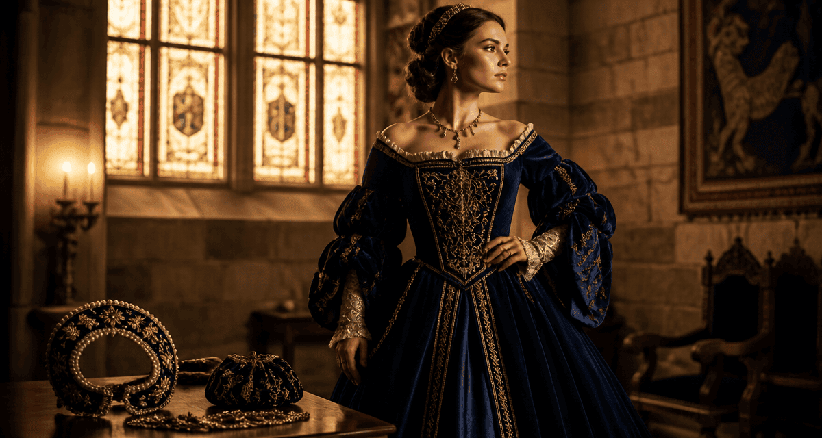 Costume femme renaissance velours bleu devant fenêtre