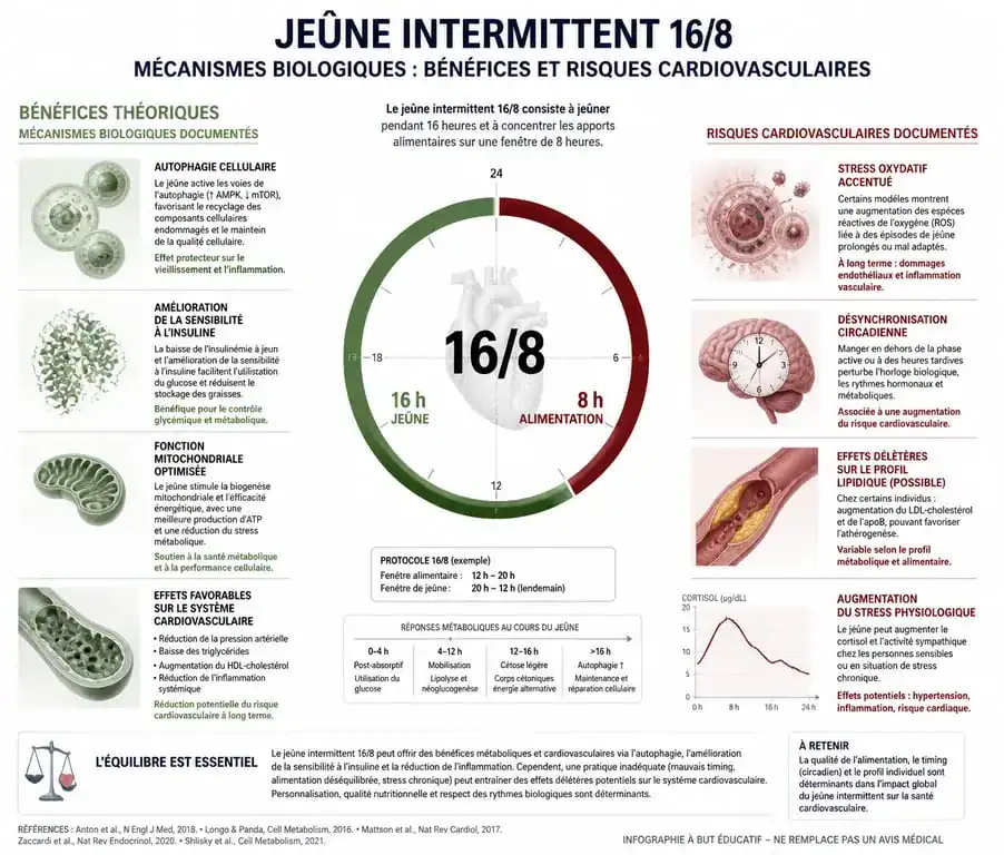 Infographie sur les risques et bénéfices du jeûne intermittent 16/8 et ses dangers cardiovasculaires