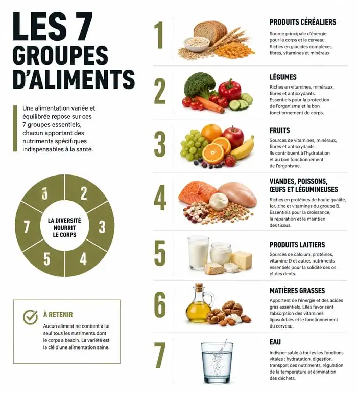Infographie des 7 groupes d'aliments pour un équilibre nutritionnel