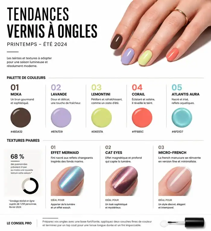 Infographie des tendances vernis à ongles : couleurs et textures de la saison
