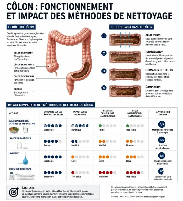 Infographie sur le fonctionnement du côlon et les méthodes de nettoyage et perte de poids
