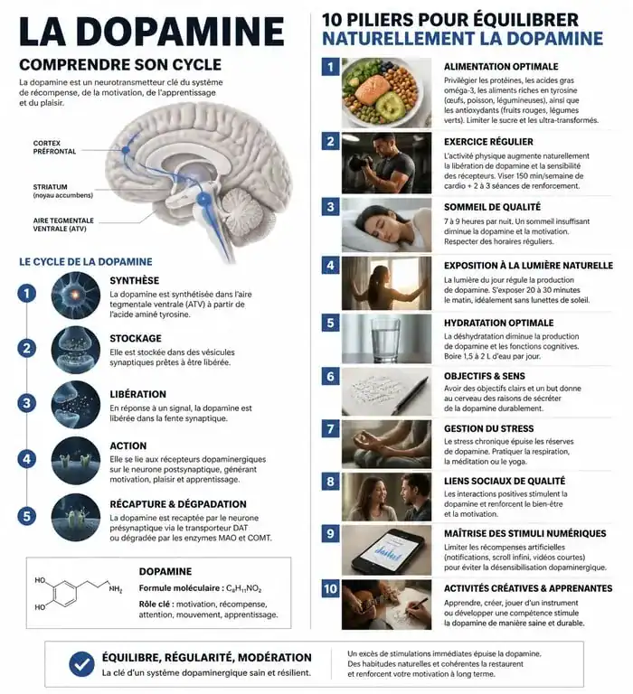 Infographie sur les 10 méthodes naturelles pour augmenter la dopamine dans le cerveau