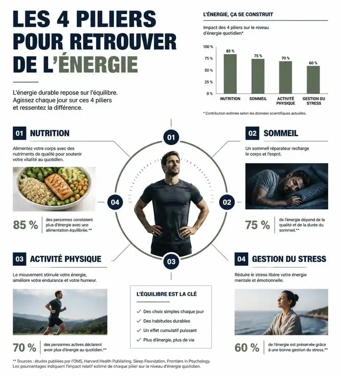 Infographie sur les piliers pour lutter contre le manque d'énergie et retrouver sa vitalité