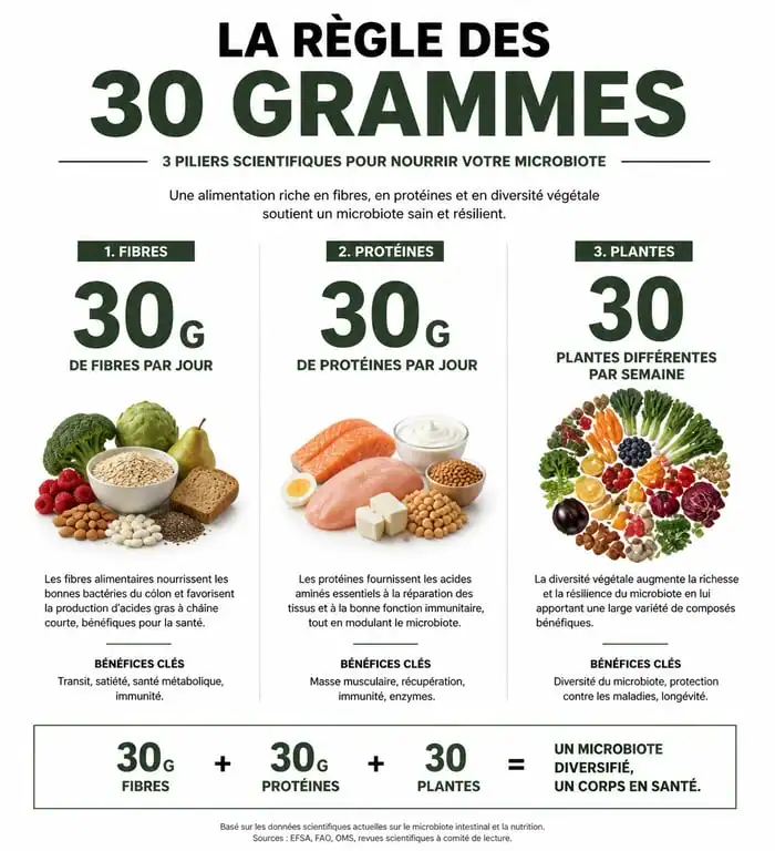 Infographie sur la règle des 30g pour un plan alimentaire pour perte de poids équilibré