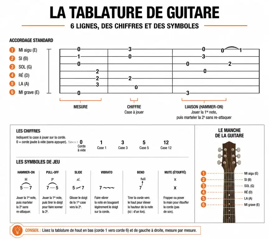 Schéma explicatif pour apprendre à lire une tablature guitare