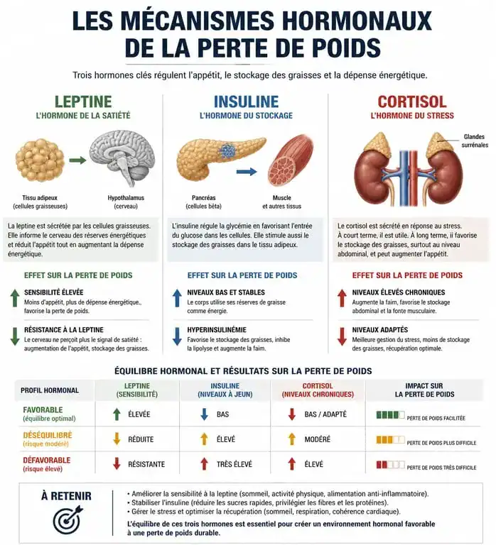 Infographie expliquant les blocages hormonaux de la perte de poids : leptine, insuline et cortisol.
