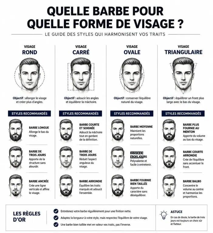 Infographie des styles de barbe homme selon la forme du visage