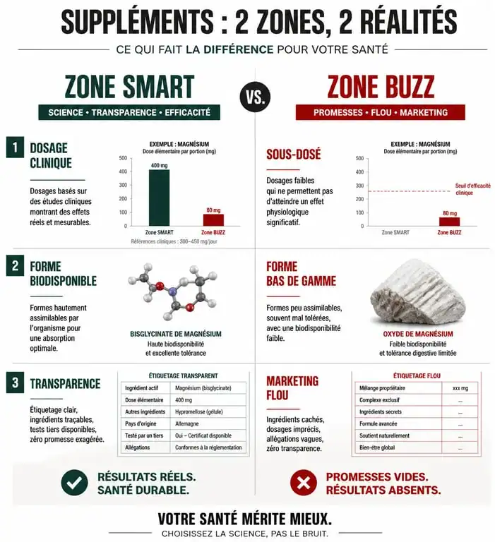 Infographie comparative pour choisir ses compléments alimentaires : zone SMART vs zone Buzz