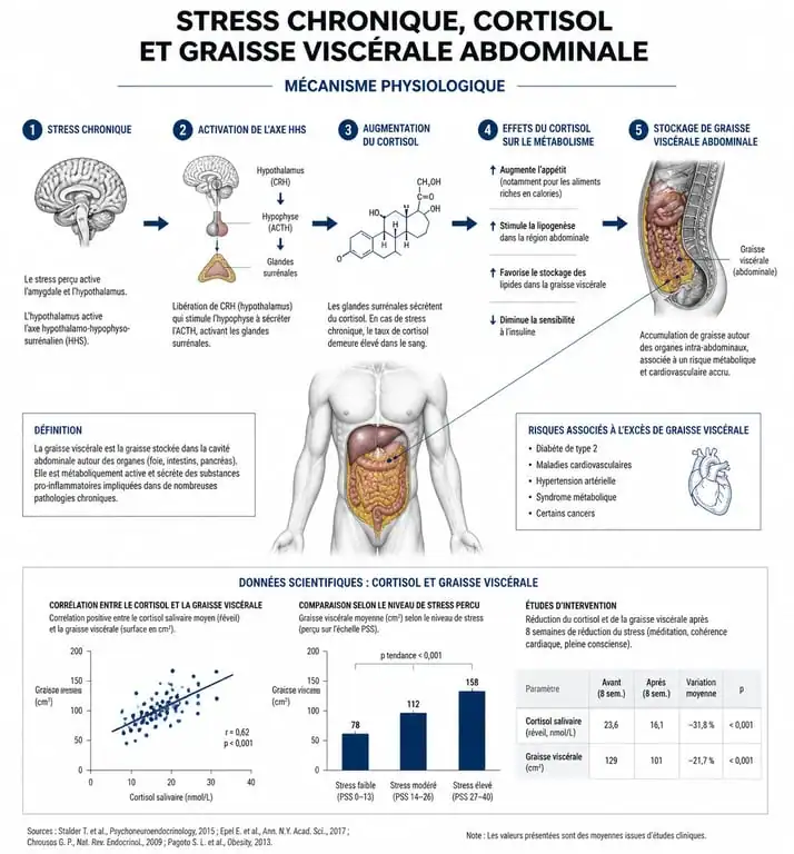 Infographie expliquant le lien entre taux de cortisol élevé et ventre gonflé