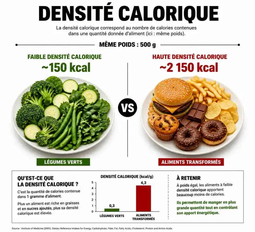 Infographie comparant la densité calorique des aliments pour mieux comprendre l'équilibre nutritionnel