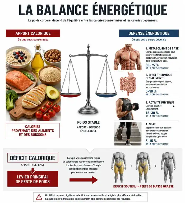 Infographie expliquant le principe du déficit calorique pour la perte de poids