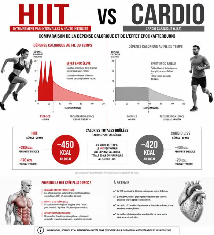 Infographie comparant le HIIT et le cardio classique pour la perte de poids