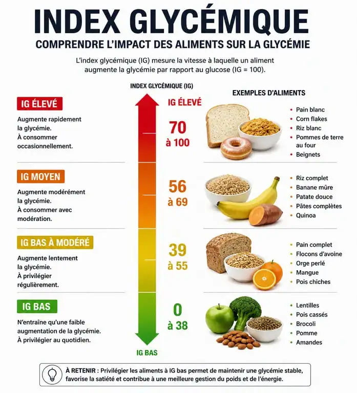 Infographie sur l'index glycémique des aliments riches en glucides à éviter