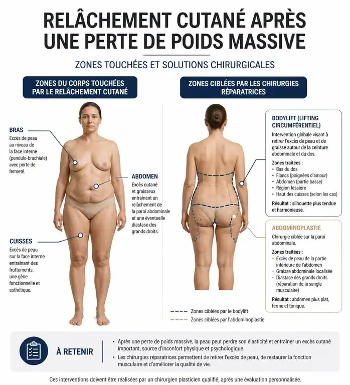 Schéma des zones de chirurgie réparatrice après un bypass gastrique pour traiter le surplus de peau