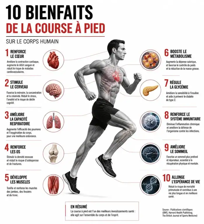 Infographie des 10 bienfaits de la course à pied sur la santé physique et mentale