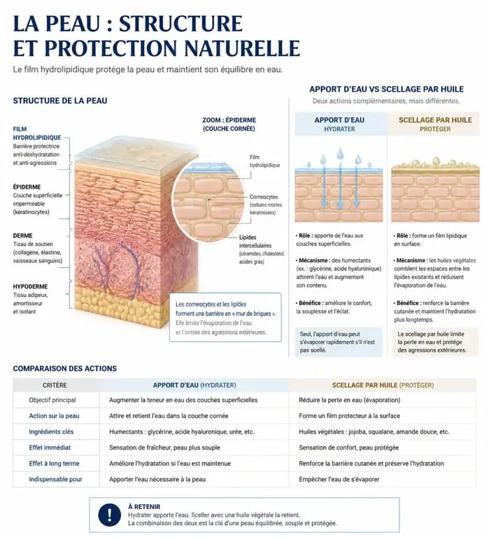 Schéma du mécanisme d'hydratation de la peau sans crème hydratante