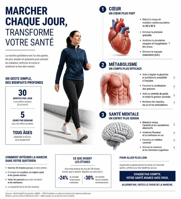 Infographie des bienfaits de la marche 30 minutes par jour pour la santé cardiovasculaire et mentale