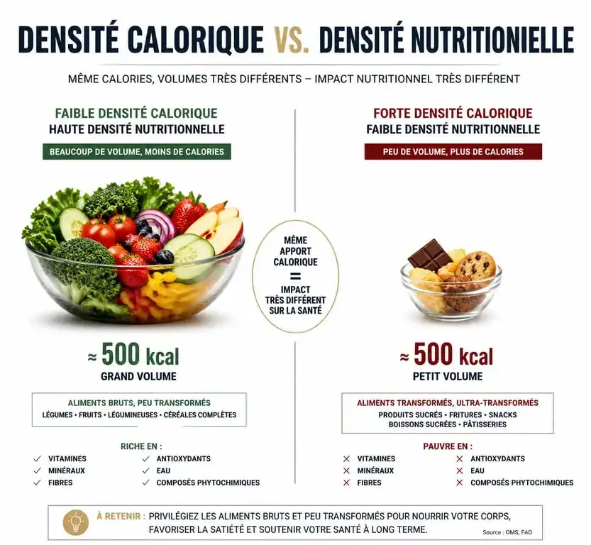 Comparaison visuelle entre densité calorique et densité nutritionnelle pour la perte de poids