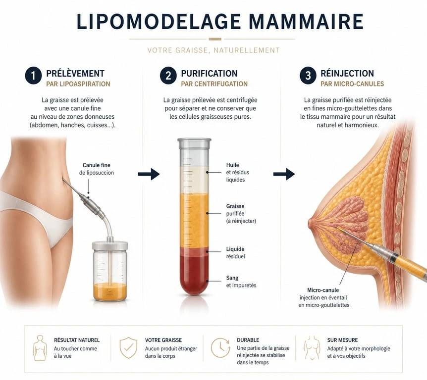 Schéma explicatif du processus de lipomodelage mammaire