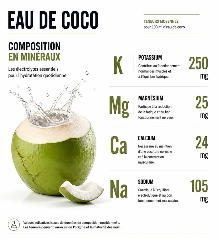 Infographie des bienfaits nutritionnels et électrolytes de l'eau de coco