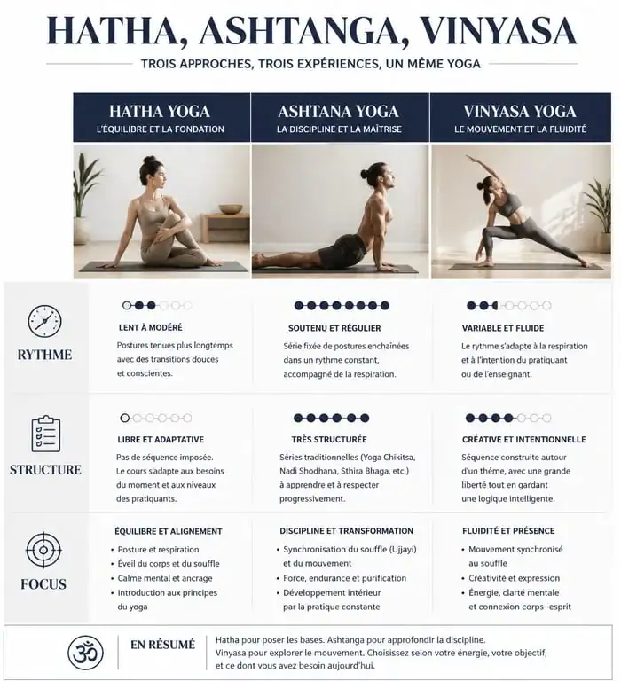 Tableau comparatif des styles de yoga : Hatha, Ashtanga et Vinyasa