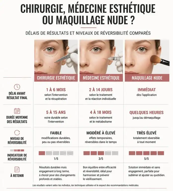 Comparatif des délais et résultats pour la chirurgie esthétique et le maquillage nude avant apres