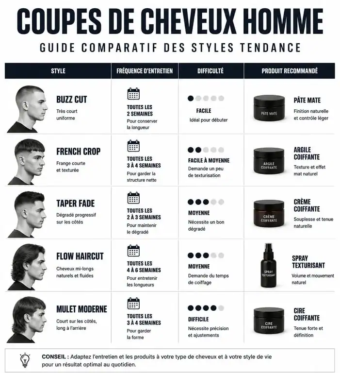 Infographie comparative des coupes homme tendance et conseils d'entretien
