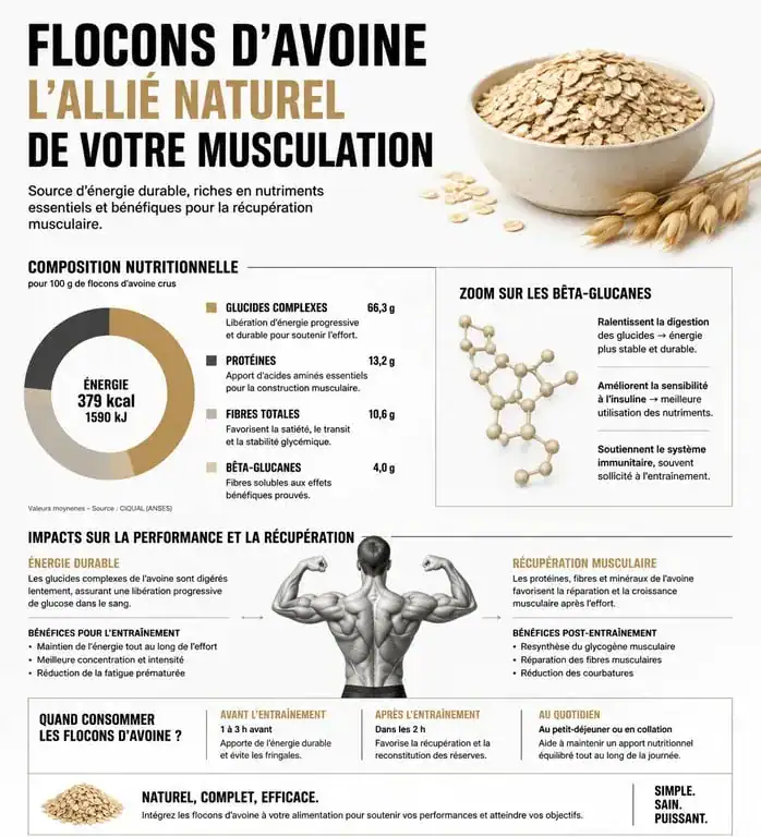 Infographie des bienfaits des flocons d'avoine pour la musculation et la prise de masse