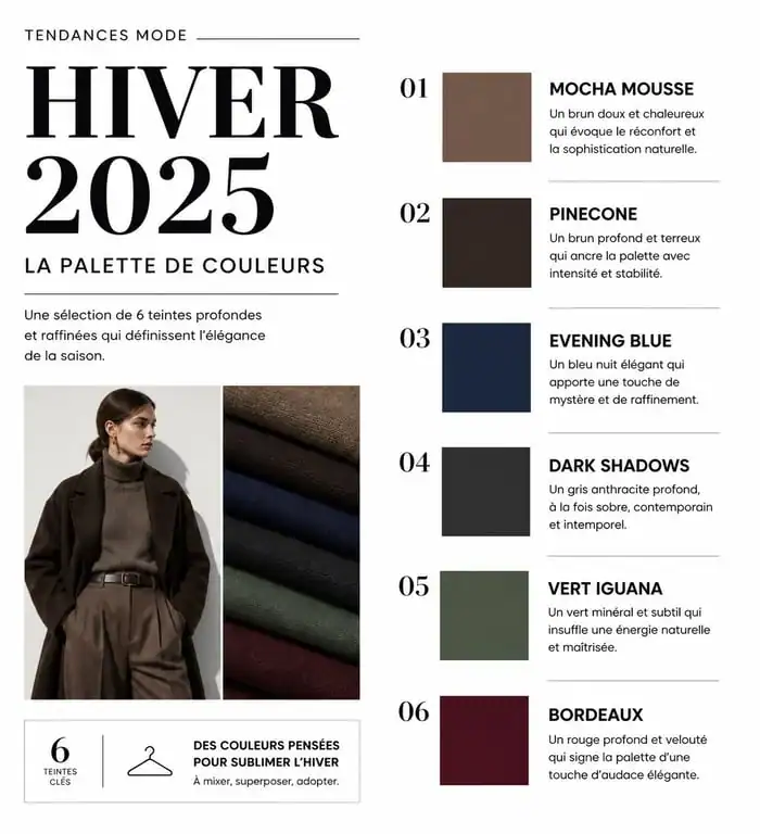 Palette des couleurs mode hiver 2025 : tendances chromatiques pour une garde-robe sophistiquée