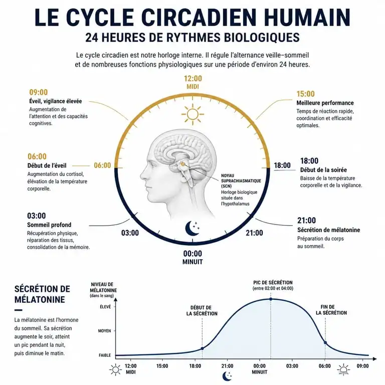 Infographie du cycle circadien et de la production de mélatonine pour mieux comprendre comment trouver le sommeil rapidement.
