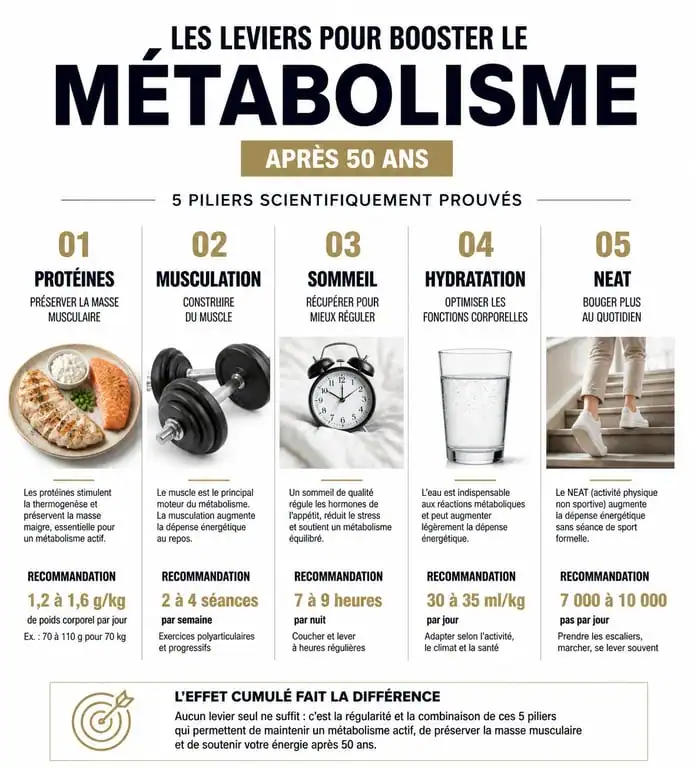 Infographie des leviers pour augmenter son métabolisme après 50 ans : protéines, musculation, sommeil, hydratation et NEAT.