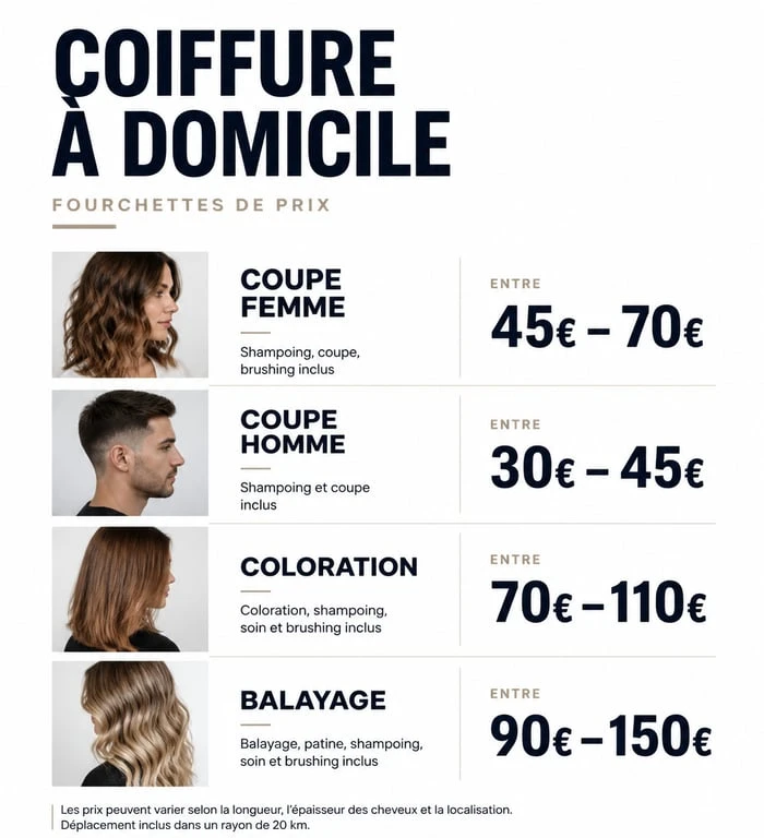 Tableau récapitulatif des tarifs moyens d'une coiffeuse à domicile pour coupe, coloration et balayage