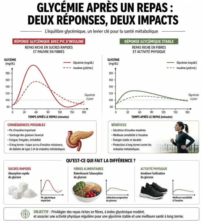 Infographie montrant comment faire baisser la glycémie avec une courbe de glucose stable