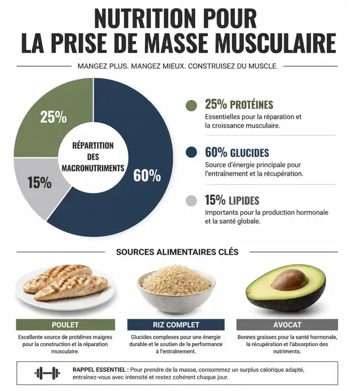 Infographie nutritionnelle pour la prise de masse musculaire : répartition des macronutriments et aliments clés