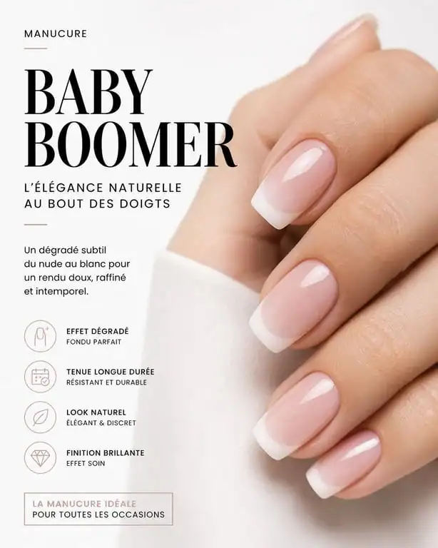 Modèle de vernis semi-permanent style baby boomer sur ongles soignés