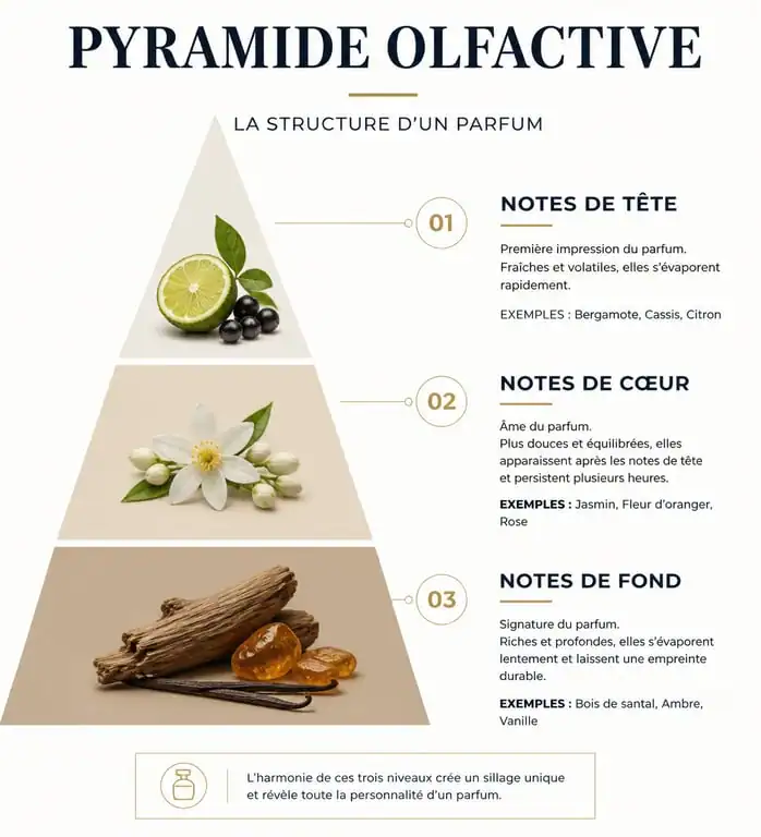 Infographie de la pyramide olfactive pour choisir son parfum femme 2025